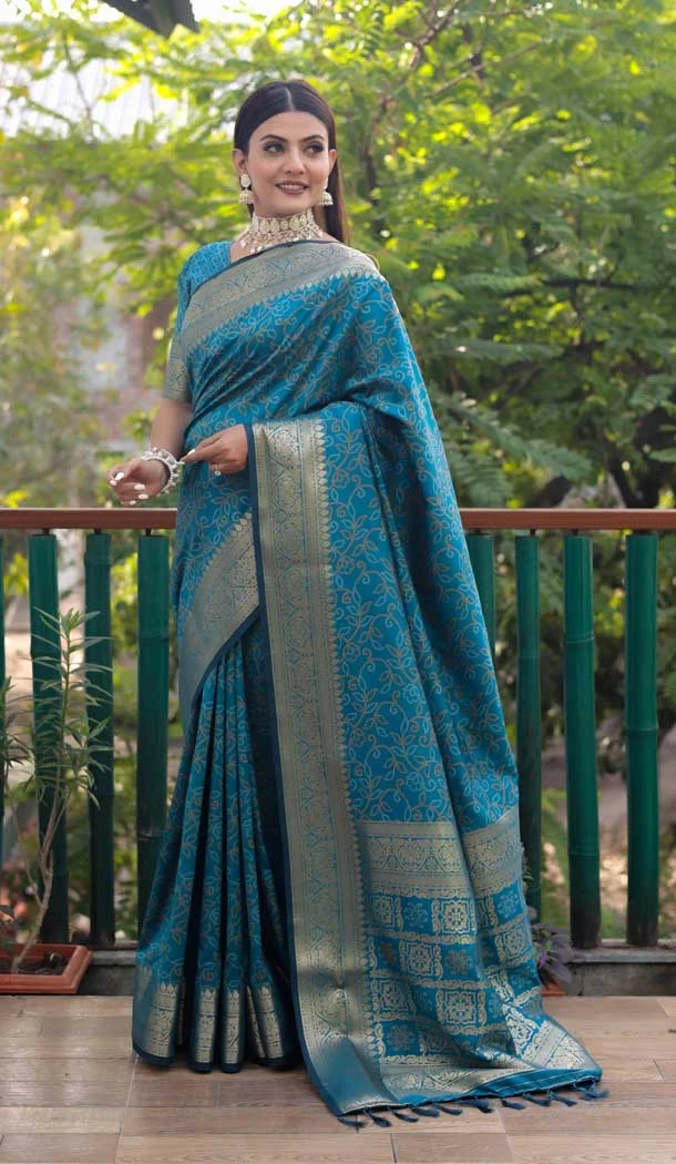 Rama Blue Color Bandhej Patola Silk Weaving Work Designer Traditional Fashionable Saree -6394169305