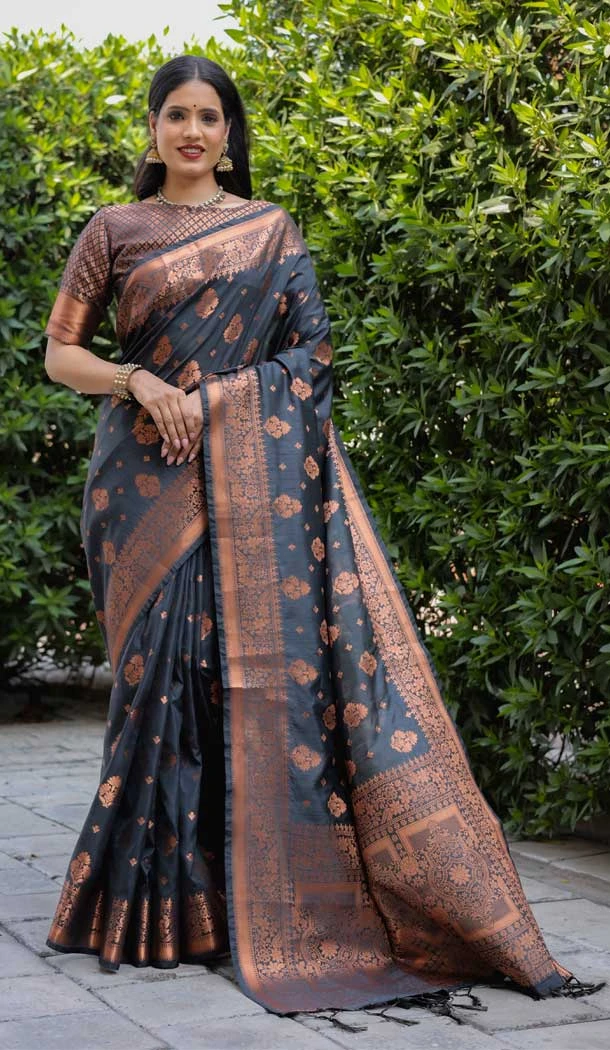 Soft Silk Weaving Work Dark Grey Color Tradtional Party Wear Women Saree -6395169313
