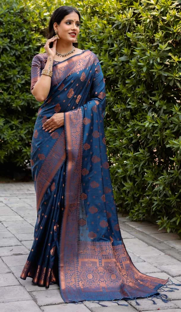 Soft Silk Weaving Work Blue Color Traditional Party Wear Women Saree -6395169315