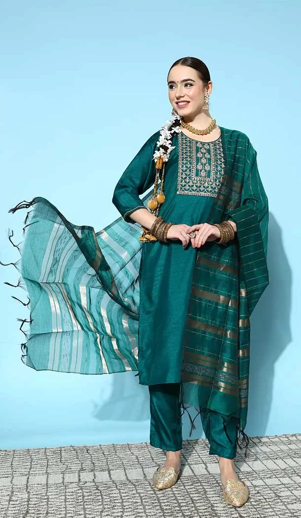 Teal Blue Color Silk Blend Machine Weave Work Readymade Salwar Kameez -6863172841