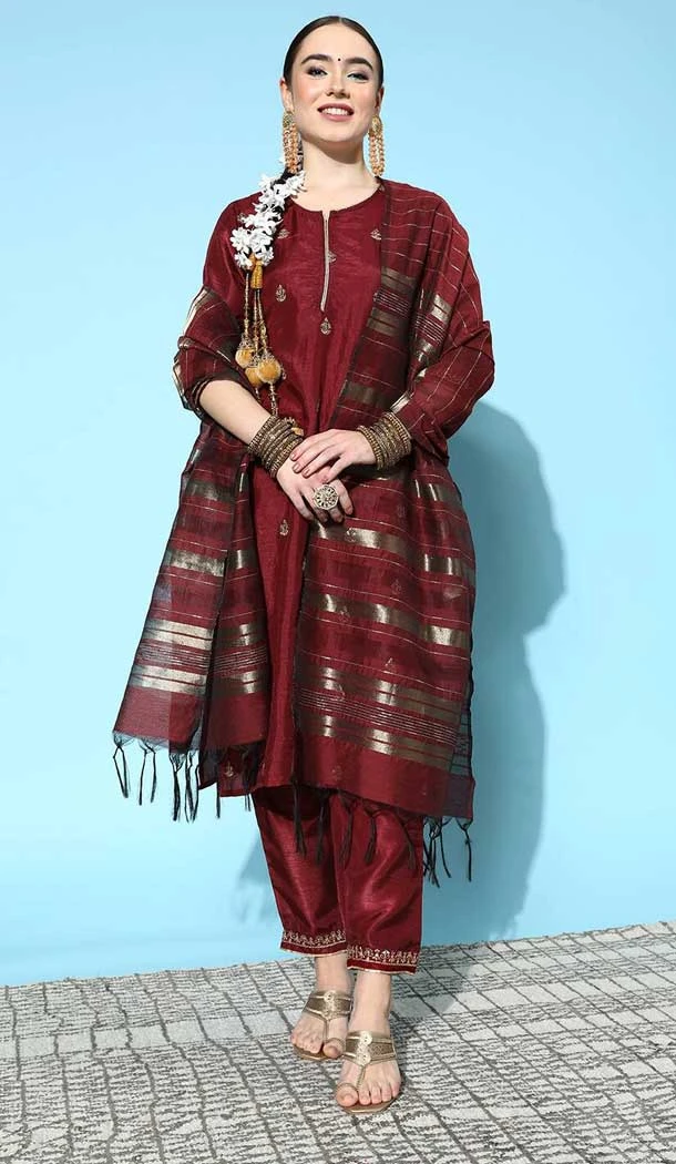 Magenta Maroon Color Silk Blend Machine Weave Work Readymade Salwar Kameez -6863172842