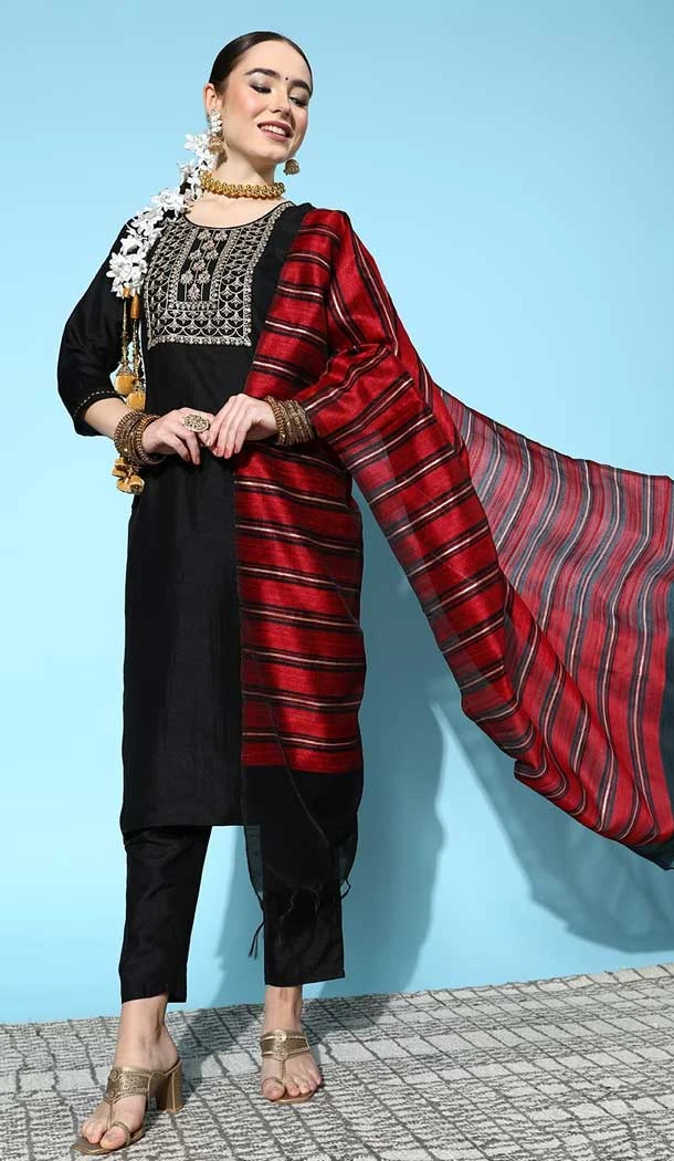 Black Color Silk Blend Machine Weave Work Readymade Salwar Kameez -6863172843