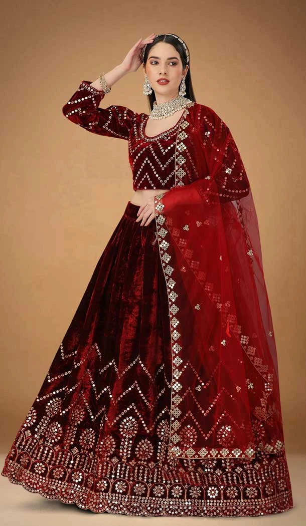 Maroon Color Foux Georgette Embroidery Zari Work Designer Plus Size Lehenga Choli -6868172874