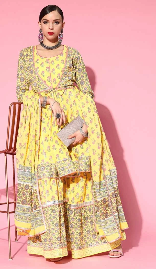 Lime Yellow Color Cotton Blend Printed Gota Patti Work Designer Readymade Sharara Suit -6872172891