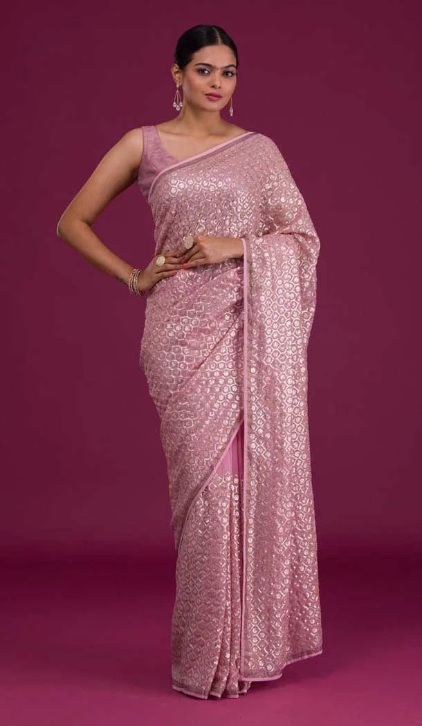 Peach Pink Color Soft Georgette Swaroski Work Party Wear Plus Size Saree -6884172972