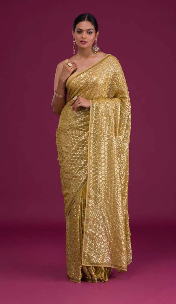 Mustard Yellow Color Soft Georgette Swaroski Work Party Wear Plus Size Saree -6884172974