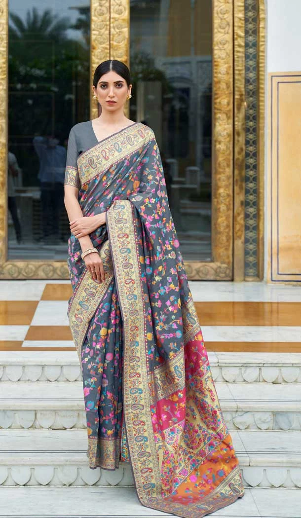 Grey Color Silk Jacquard Work Designer Party Wear Saree Blouse -6425169578