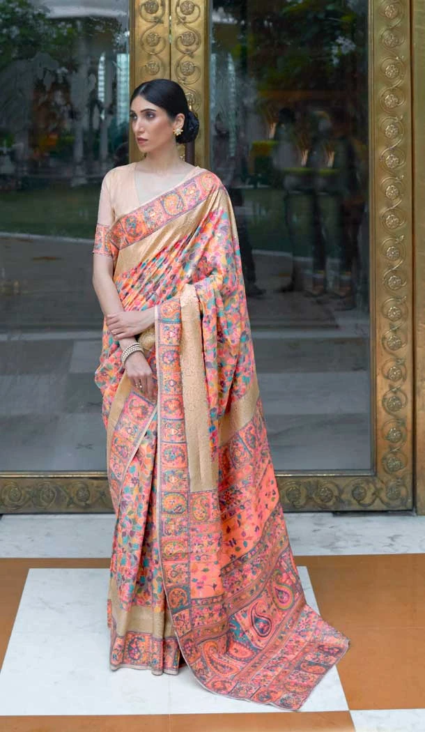 Magnificient Peach Color Silk Jacquard Work Designer Party Wear Saree Blouse -6425169580