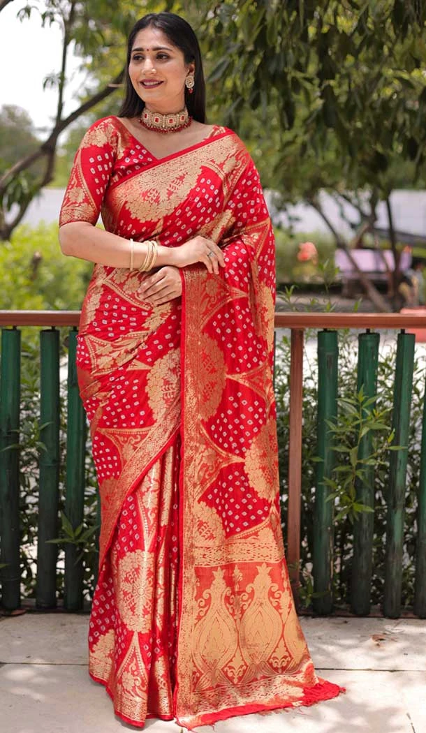 Red Color Pure Bandhej Silk Zari Weaving Work Designer Party Wear Saree Blouse -6430169607