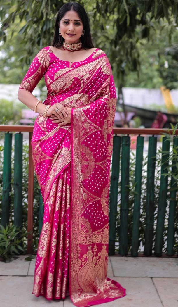 Pink Color Pure Bandhej Silk Zari Weaving Work Designer Party Wear Saree Blouse -6430169608