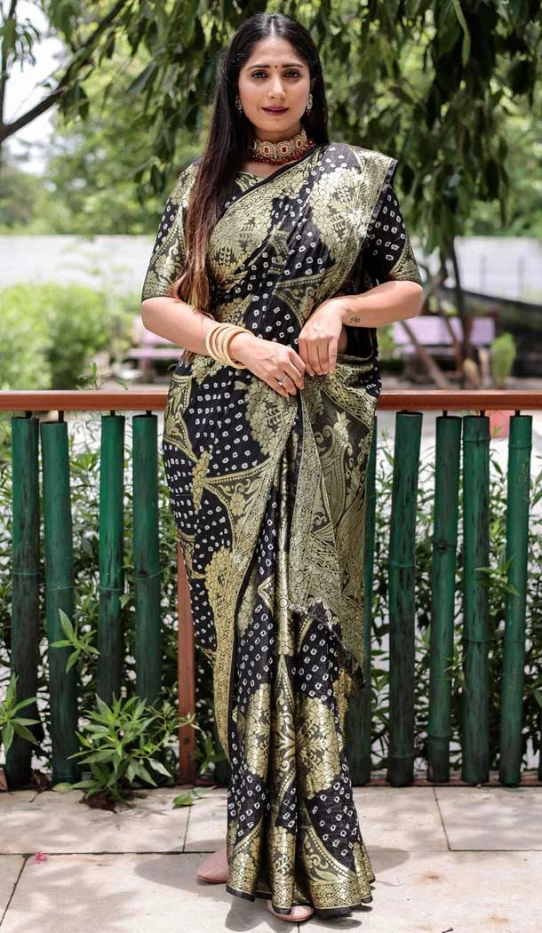 Black Color Pure Bandhej Silk Zari Weaving Work Party Wear Saree Blouse -6430169609