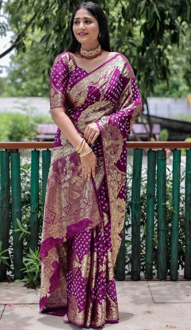 Chic Purple Color Pure Bandhej Silk Zari Weaving Work Party Wear Saree Blouse -6430169610