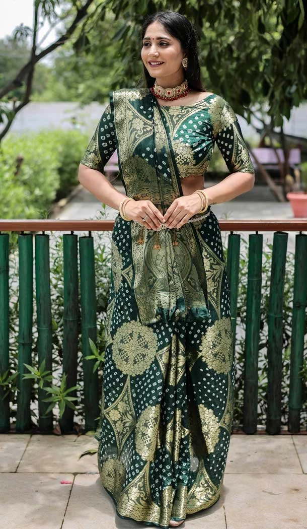 Glamorous Green Color Pure Bandhej Silk Zari Weaving Work Party Wear Saree Blouse -6430169611