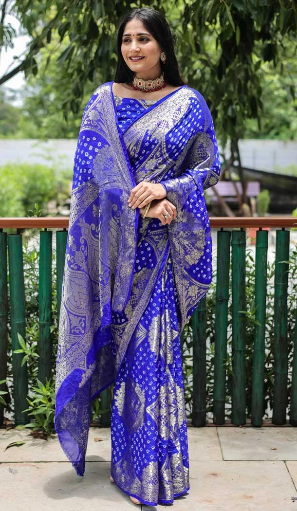 Royal Blue Color Pure Bandhej Silk Zari Weaving Work Party Wear Saree Blouse -6430169612