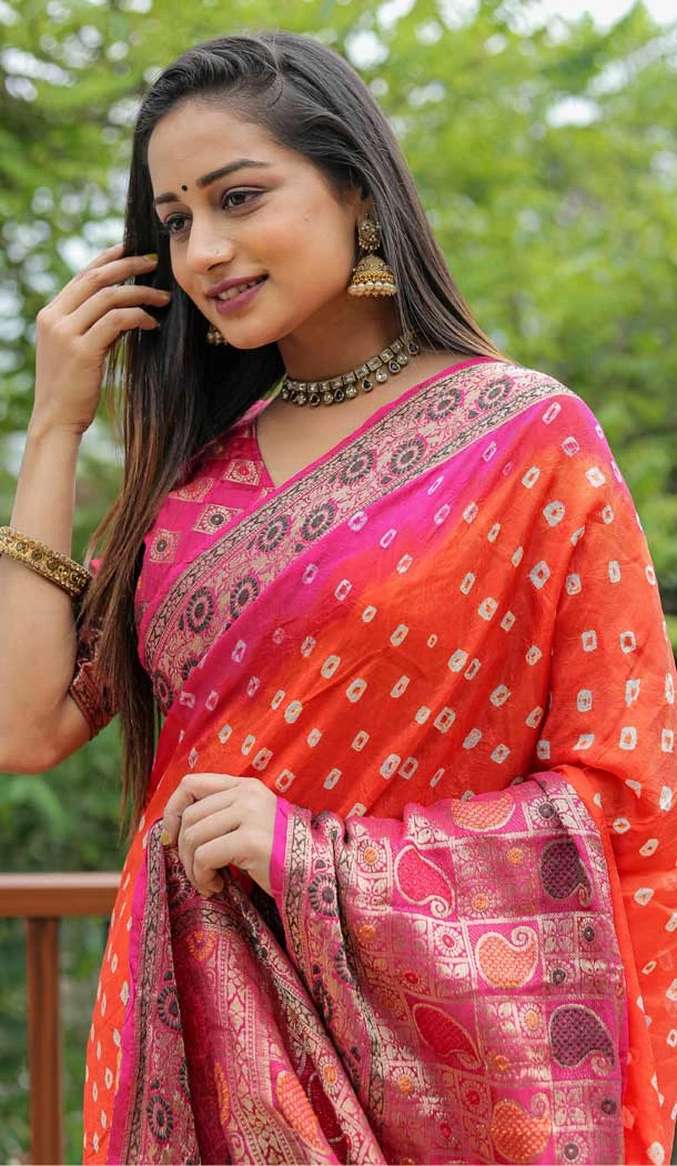Orange & Pink Color Pure Bandhej Silk Zari Weaving Work Designer Party Wear Saree -6432169619