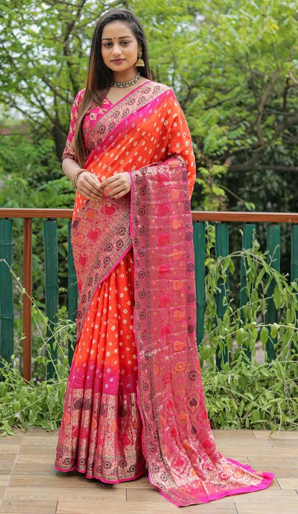 Orange & Pink Color Pure Bandhej Silk Zari Weaving Work Designer Party Wear Saree -6432169619