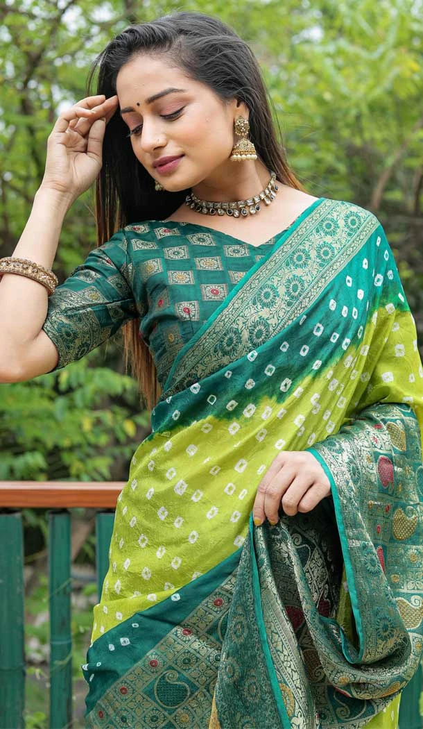 Unique Green Color Pure Bandhej Silk Zari Weaving Work Designer Party Wear Saree -6432169620