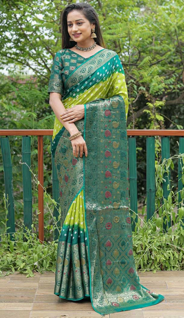 Unique Green Color Pure Bandhej Silk Zari Weaving Work Designer Party Wear Saree -6432169620