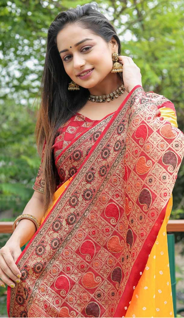 Yellow Color Pure Bandhej Silk Zari Weaving Work Designer Party Wear Saree -6432169621