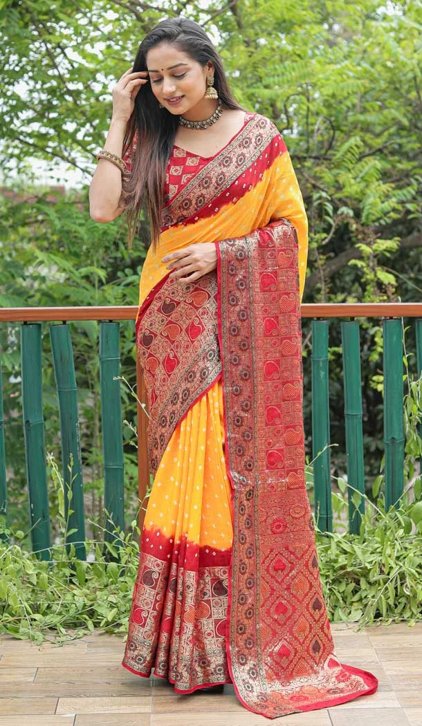 Yellow Color Pure Bandhej Silk Zari Weaving Work Designer Party Wear Saree -6432169621