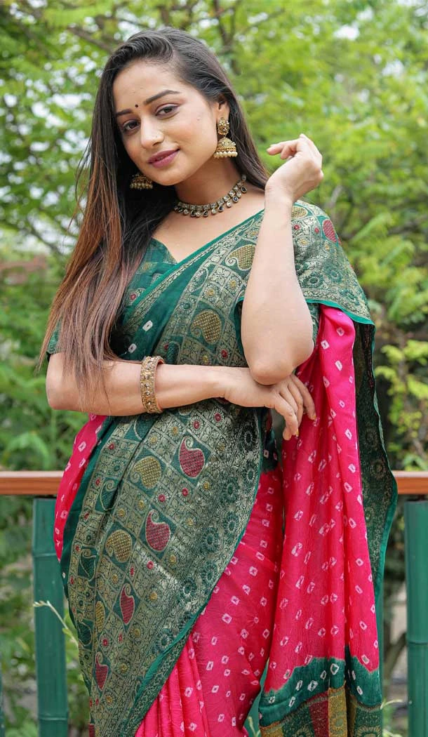 Pink & Green Color Pure Bandhej Silk Zari Weaving Work Designer Party Wear Saree -6432169622