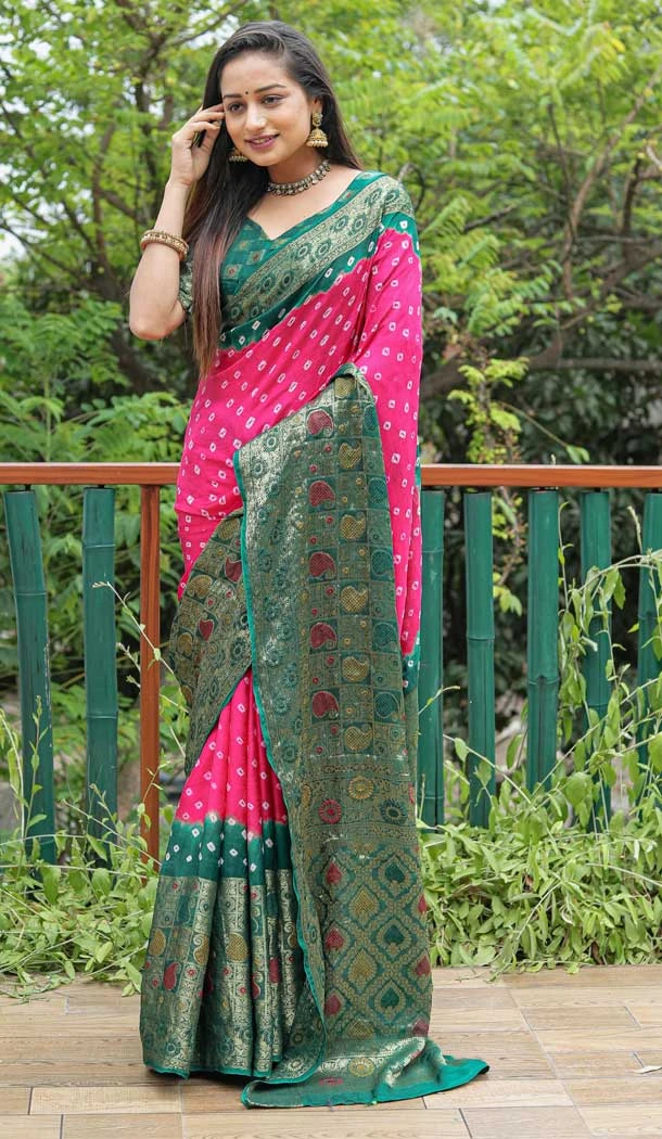 Pink & Green Color Pure Bandhej Silk Zari Weaving Work Designer Party Wear Saree -6432169622
