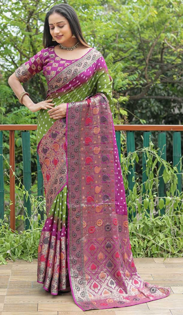 Green & Purple Color Pure Bandhej Silk Zari Weaving Work Designer Party Wear Saree -6432169623