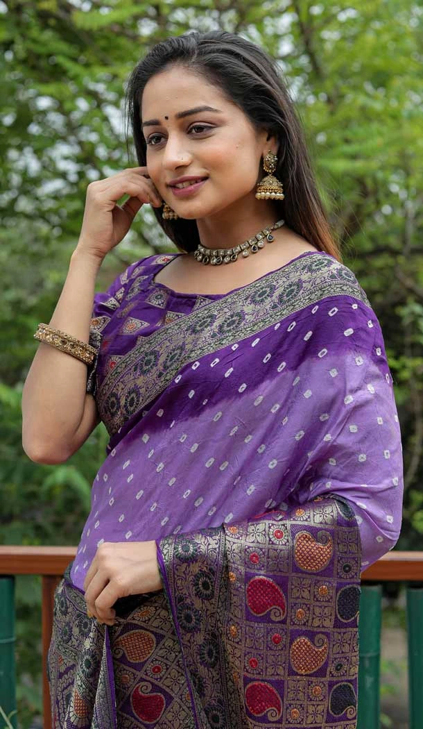 Levender Color Pure Bandhej Silk Zari Weaving Work Designer Party Wear Saree -6432169624