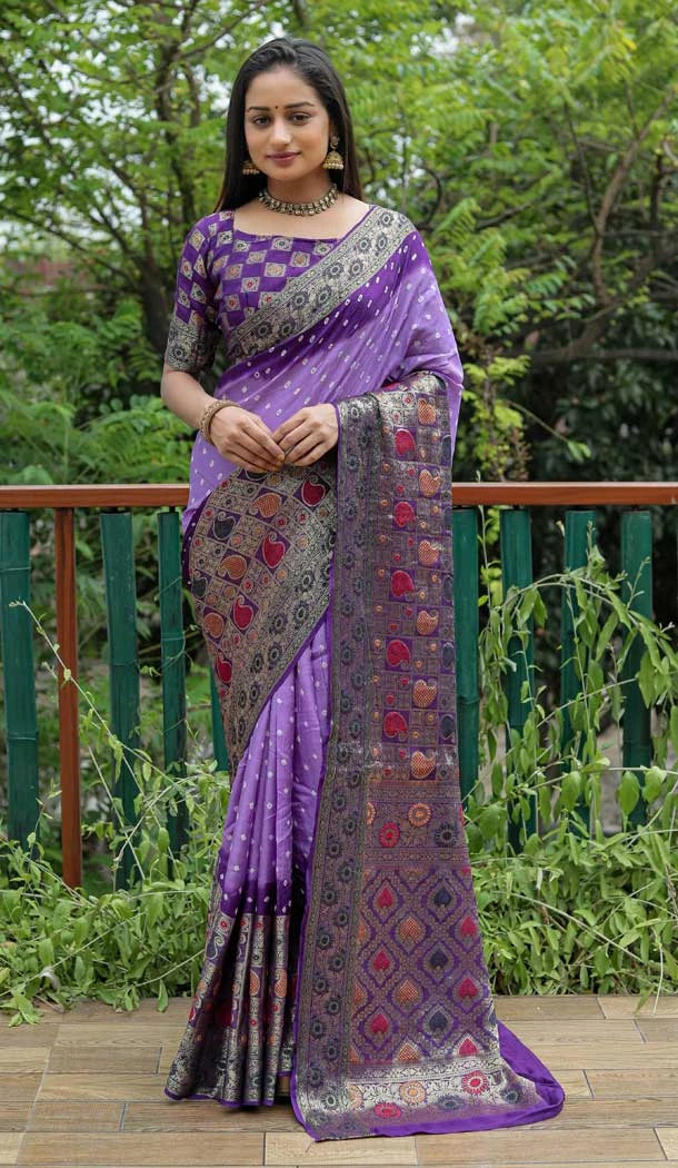 Levender Color Pure Bandhej Silk Zari Weaving Work Designer Party Wear Saree -6432169624