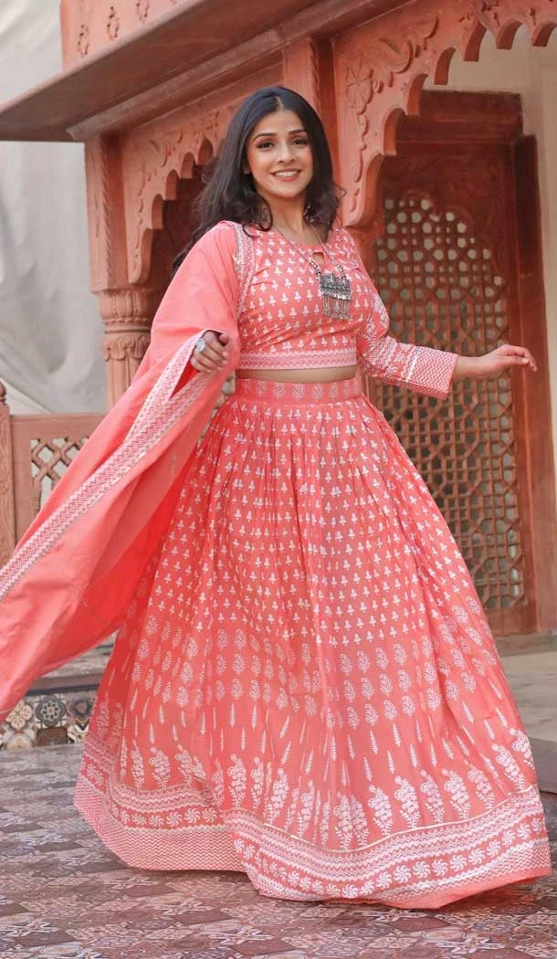 Peach Pink Color Cotton Thread Work Designer Wear Women Lehenga Choli -6504170114