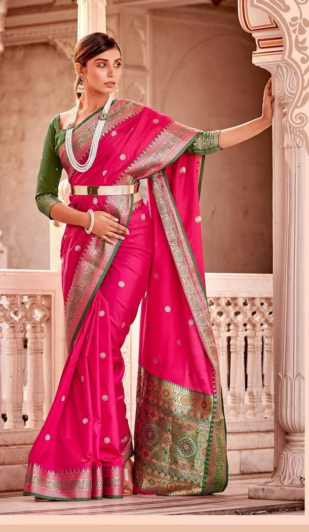 Gleaming Soft Banarasi Silk Jacquard Work Pink Color Traditional Indian Sarees -6528170347