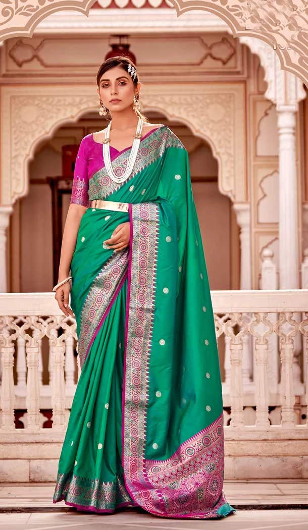 Soft Banarasi Silk Jacquard Work Rama Green Color Traditional Indian Sarees -6528170348