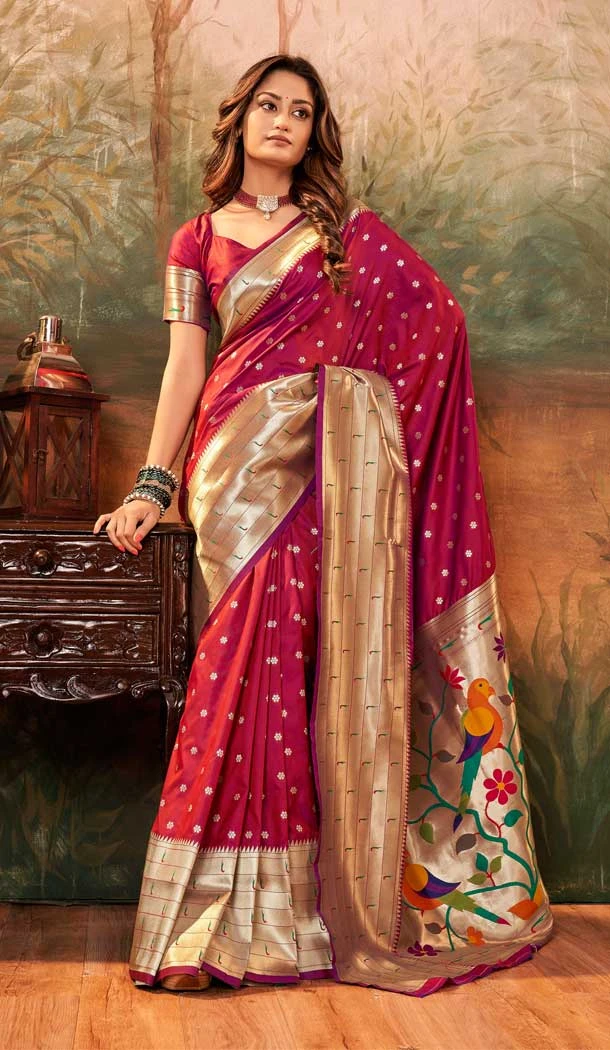 Pure Paithani Silk Zari Weaving Work Burgundy Color Party Women Saree -6532170369
