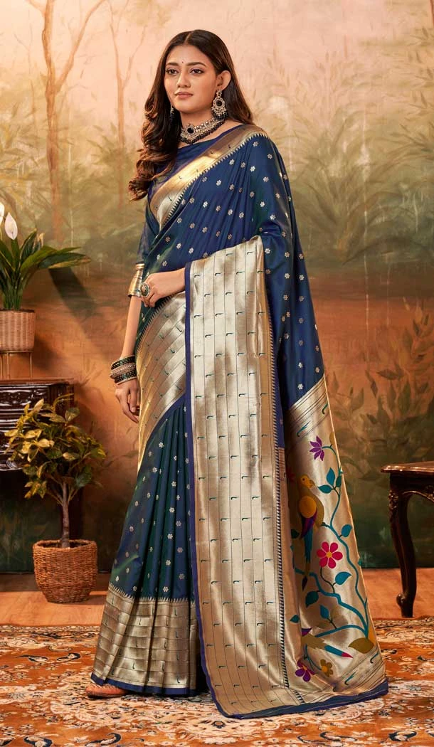 Pure Paithani Silk Zari Weaving Work Navy Blue Color Party Women Saree -6532170370