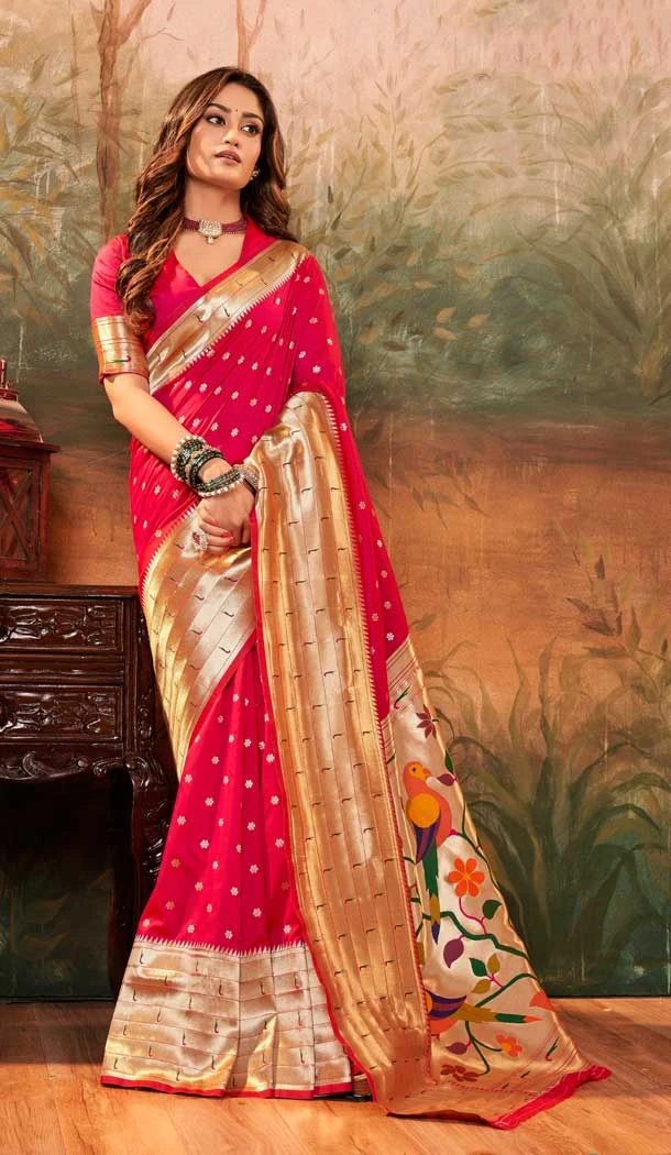 Pure Paithani Silk Zari Weaving Work Pink Color Party Women Saree -6532170371