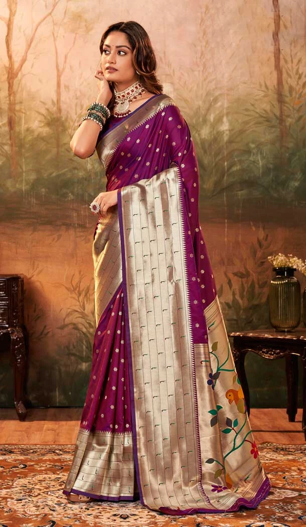 Pure Paithani Silk Zari Weaving Work Purple Color Party Women Saree -6532170373