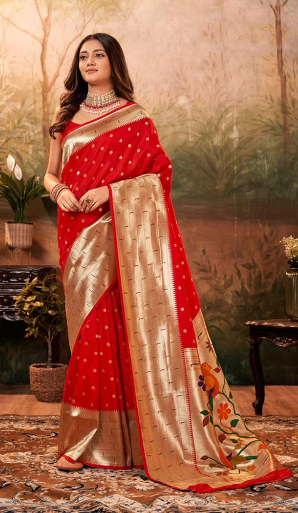 Pure Paithani Silk Zari Weaving Work Red Color Party Women Saree -6532170374