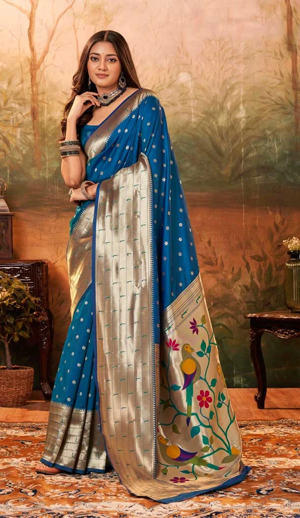 Pure Paithani Silk Zari Weaving Work Blue Color Party Women Saree -6532170375