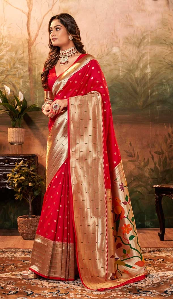 Red Color Pure Paithani Silk Zari Weaving Work Party Women Saree -6532170376
