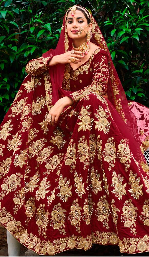 Embroidery Heavy Velvet Bridal Wear Women Lehenga in Maroon Color -6535170391