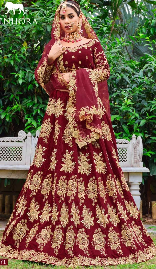 Embroidery Heavy Velvet Bridal Wear Women Lehenga in Maroon Color -6535170391