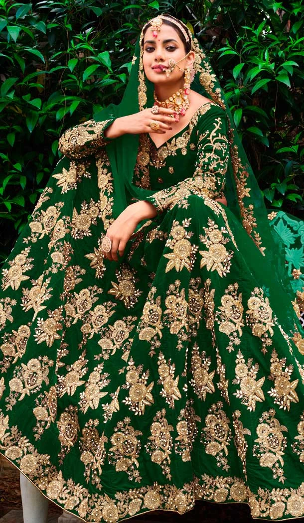 Embroidery Heavy Velvet Bridal Wear Women Lehenga in Green Color -6535170392