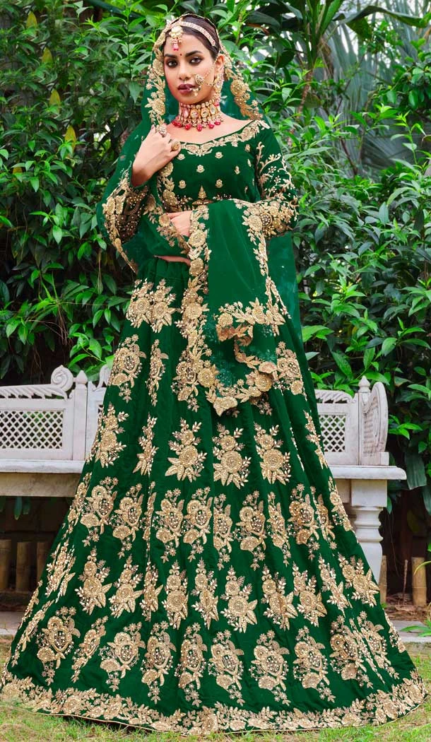 Embroidery Heavy Velvet Bridal Wear Women Lehenga in Green Color -6535170392