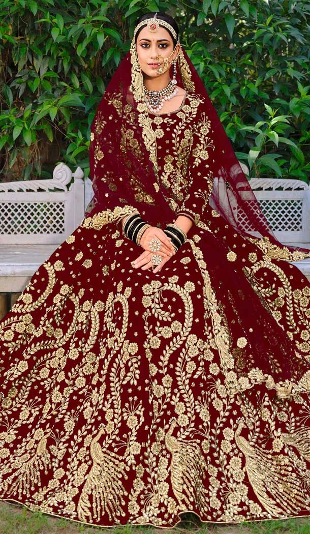 Maroon Color Embroidery Heavy Velvet Bridal Wear Women Lehenga -6535170394