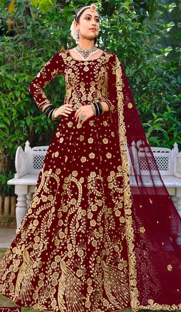 Maroon Color Embroidery Heavy Velvet Bridal Wear Women Lehenga -6535170394