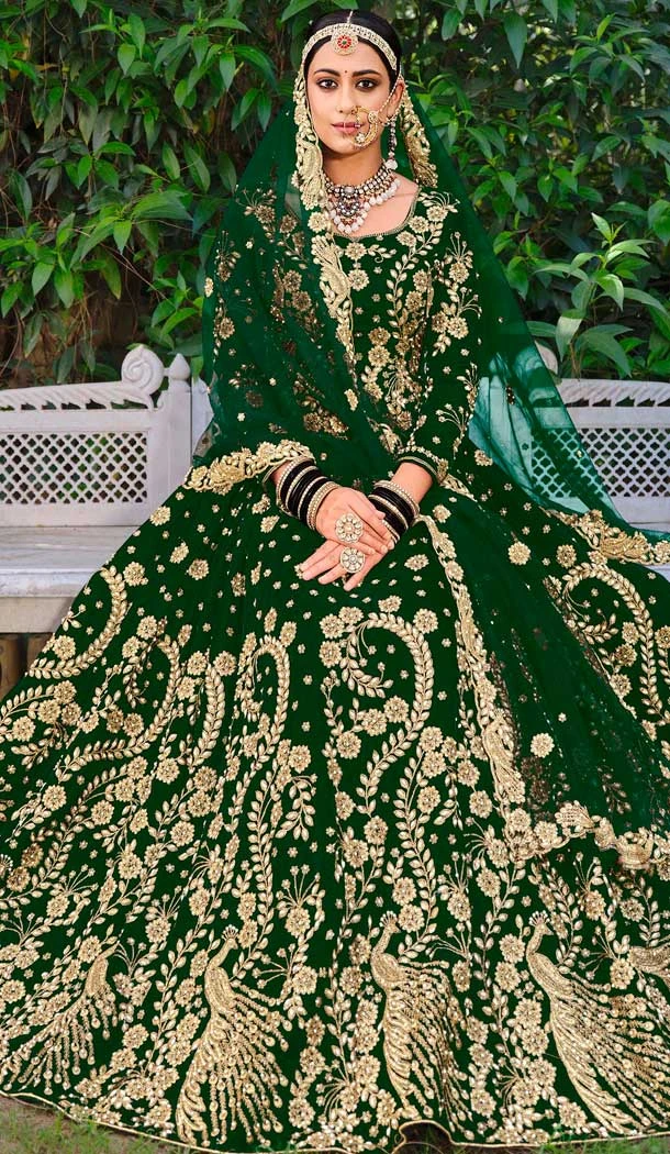 Green Color Embroidery Heavy Velvet Bridal Wear Women Lehenga -6535170395