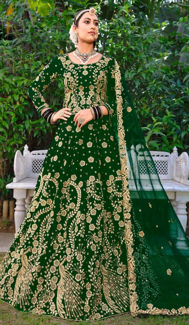 Green Color Embroidery Heavy Velvet Bridal Wear Women Lehenga -6535170395