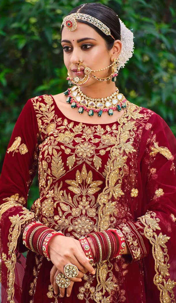 Traditional Maroon Color Embroidery Heavy Velvet Bridal Wear Women Lehenga -6535170396