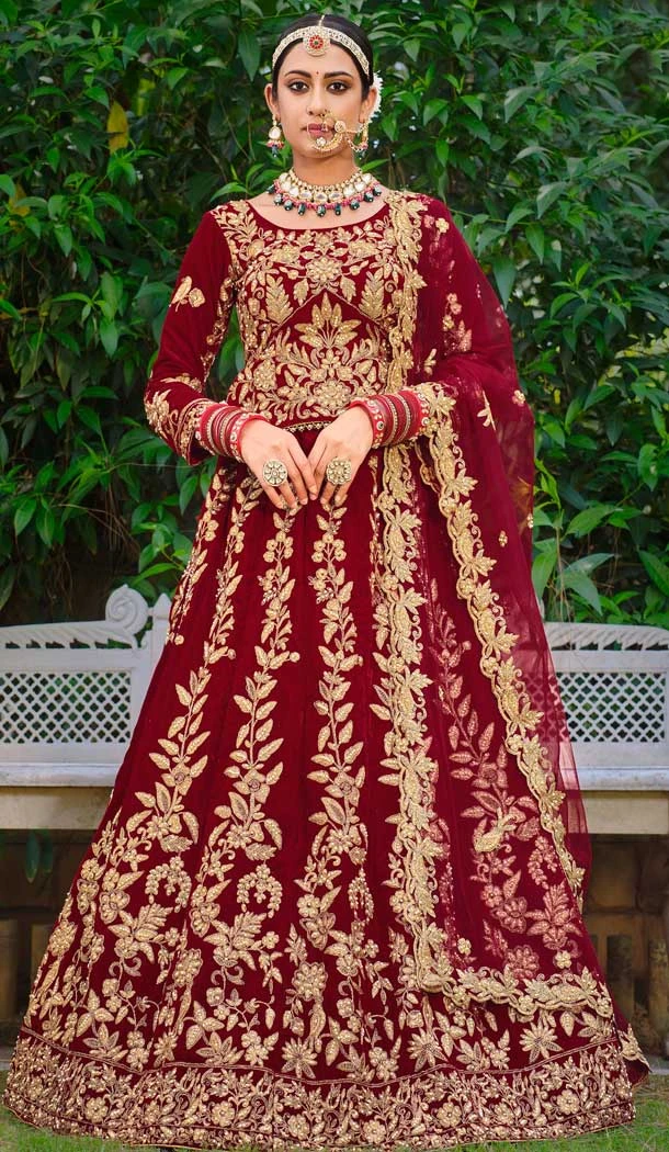 Traditional Maroon Color Embroidery Heavy Velvet Bridal Wear Women Lehenga -6535170396