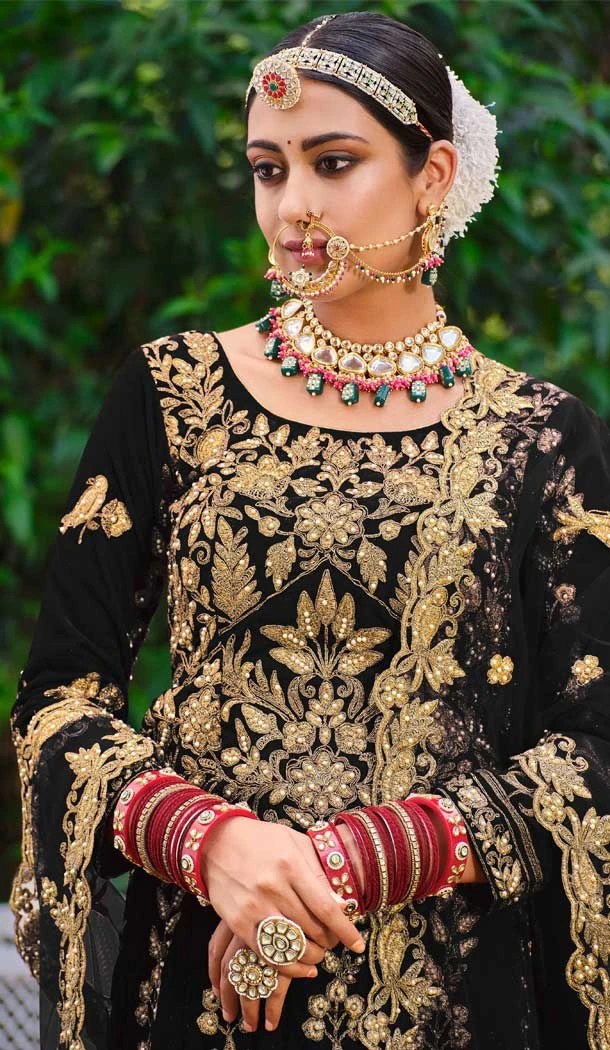 Black Color Embroidery Heavy Velvet Bridal Wear Women Lehenga -6535170397